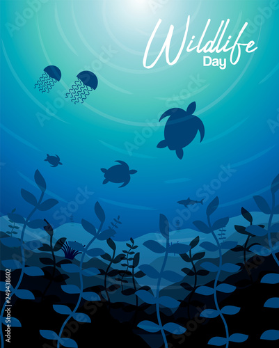 Wildlife Day card of sea animals in coral reef