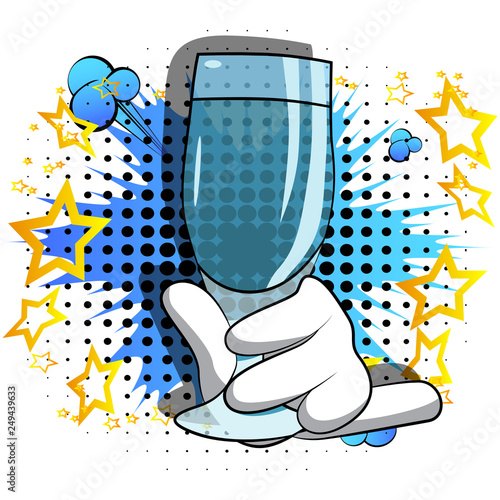 Vector cartoon hand holding full glass. Illustrated hand on comic book background.