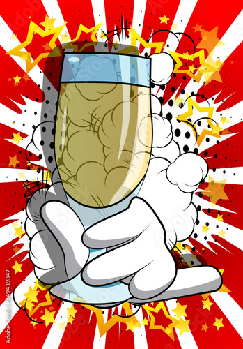 Vector cartoon hand holding full glass. Illustrated hand on comic book background.