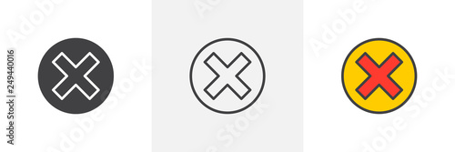 Delete button icon. Line, glyph and filled outline colorful version, Close, reject cross button outline and filled vector sign. Symbol, logo illustration. Different style icons set. Pixel perfect 
