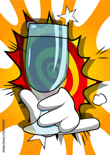 Vector cartoon hand holding full glass. Illustrated hand on comic book background.