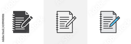 Document edit icon. Line, glyph and filled outline colorful version, document file with pen outline and filled vector sign. Symbol, logo illustration. Different style icons set. Pixel perfect vector 