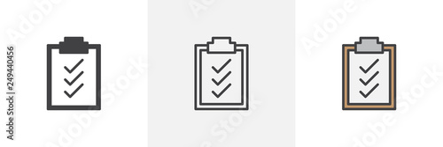Checklist document icon. Line, glyph and filled outline colorful version, checked paper clipboard outline and filled vector sign. Symbol, logo illustration. Different style icons set. Pixel perfect 