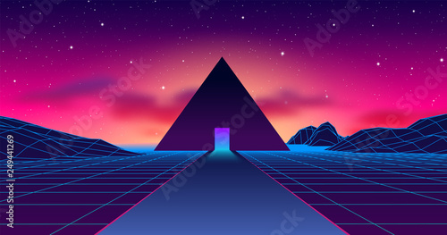 Fototapeta Ancient mysterious pyramid in 80s styled neon landscape with purple sky and blue