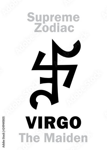 Astrology Alphabet: VIRGO (The Virgin / The Maiden), constellation Virgo. Sign of Supreme Zodiac (Internal circle). Hieroglyphic character (persian symbol).