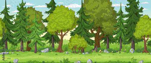 Seamless cartoon forest landscape. Hand draw with separate layers. © GabiWolf