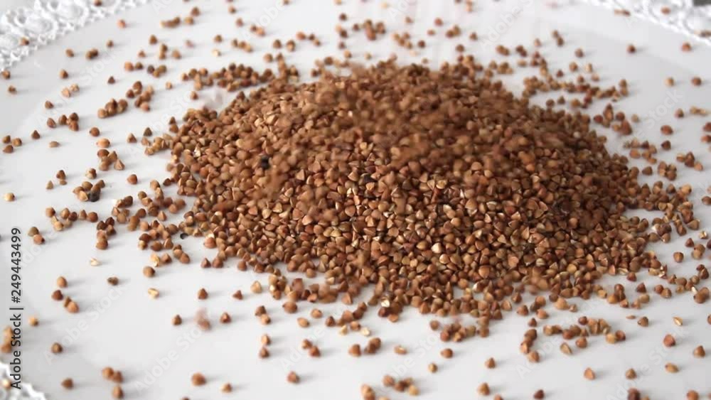 Buckwheat (lat. Fagopyrum esculentum) seeds fall on the table. Source of vitamins, minerals and carbohydrates. Add to your diet diet, veganism. video Buckwheat (lat. Fagopyrum esculentum) seeds fall on the table. Source of vitamins, minerals and carbohydrates. Add to your diet diet, veganism. video