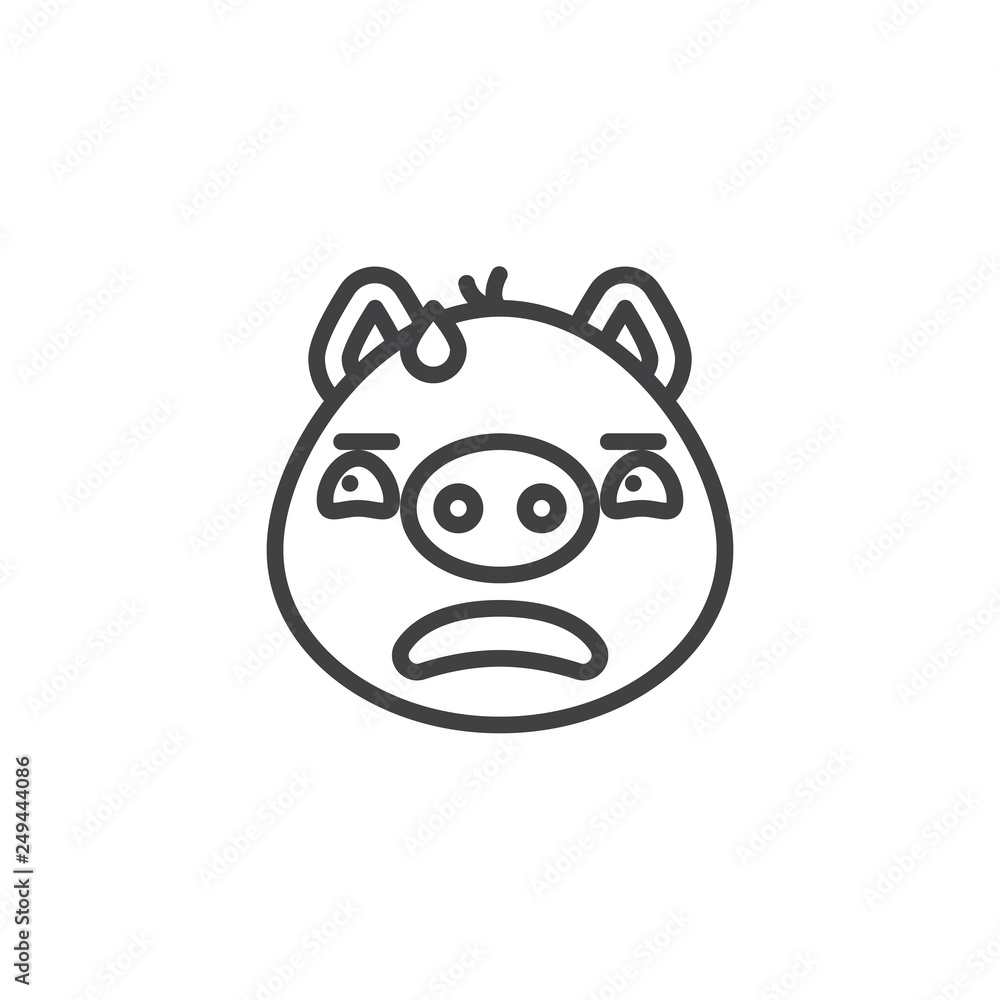 Piggy face with sweat emoticon line icon. linear style sign for mobile concept and web design. Worried piggy face emoji outline vector icon. Pig year zodiac symbol, logo illustration. Pixel perfect Piggy face with sweat emoticon line icon. linear style sign for mobile concept and web design. Worried piggy face emoji outline vector icon. Pig year zodiac symbol, logo illustration. Pixel perfect