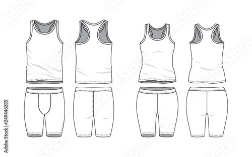 Blank clothing templates. Tank top and training short in front, back views. Sport wear, gym cloth. Vector illustration. Male and female clothes set. Isolated on white background.
