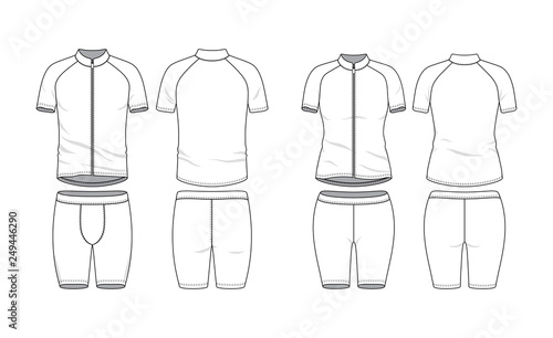 Blank clothing templates. Zipper raglan sleeves shirt and training short in front, back views. Sport wear, bicycle cloth. Vector illustration. Male and female clothes set. Isolated on white.