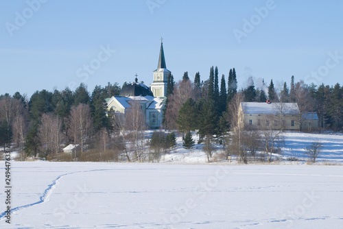 View of the old Lutheran Church of Ruokolahti on a sunny winter day. Finland