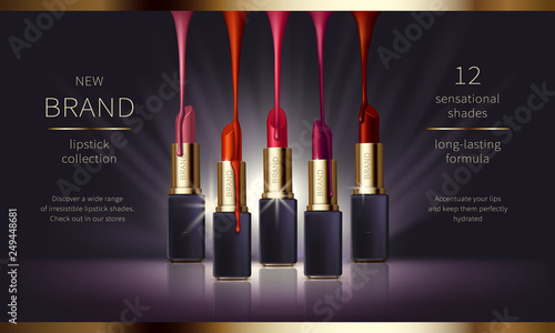 Cosmetic realistic vector ads banner with premium lipstick for perfect makeup, decorative cosmetics. Makeup product in black, golden sticks with lliquid drips of various shades, for magazine, catalog photo