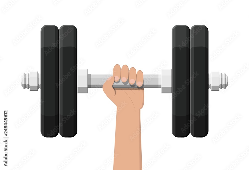 Dumbbell with metal weights. Gym workout equipment, Fitness, healthy and sport lifestyle. Strength and bodybuilding training. Vector illustration flat style Dumbbell with metal weights. Gym workout equipment, Fitness, healthy and sport lifestyle. Strength and bodybuilding training. Vector illustration flat style