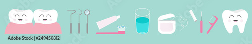 Toothpaste, toothbrush, dental tools instruments, thread, floss, mirror, brush, water. Tooth health icon set line. Children teeth care. Oral hygiene Baby background Flat design