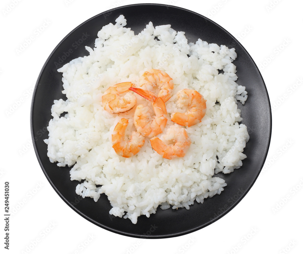 White rice with shrimps in black bowl isolated on white background. top view White rice with shrimps in black bowl isolated on white background. top view