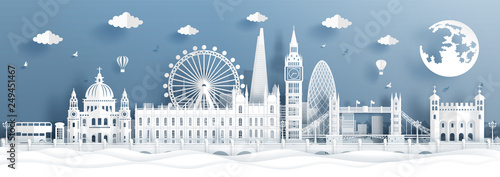 Panorama postcard and travel poster of world famous landmarks of London, England in paper cut style vector illustration