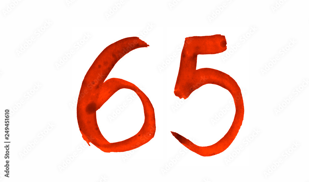 The number 65, painted with a brush in watercolor. Vintage symbol made by hand. The number 65, painted with a brush in watercolor. Vintage symbol made by hand.