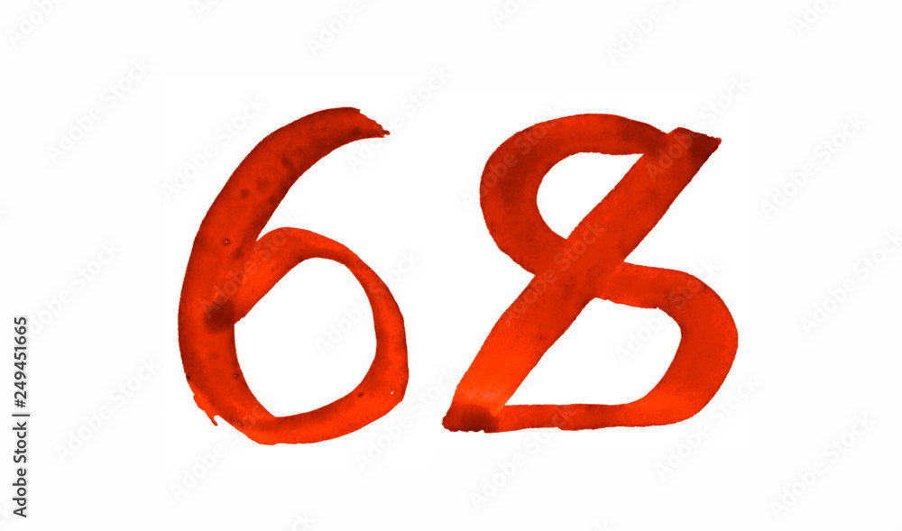The number 68, painted with a brush in watercolor. Vintage symbol made by hand. The number 68, painted with a brush in watercolor. Vintage symbol made by hand.