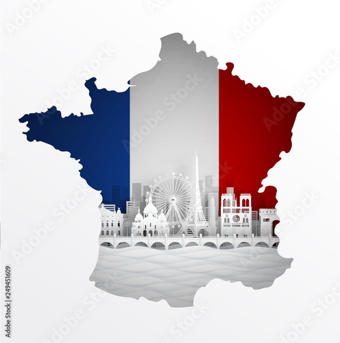 Map of France with world famous landmarks in paper cut style vector illustration