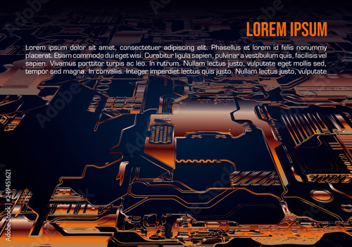 Abstract vector background with circuit board in orange color. Computer hardware technology. Motherboard chip.