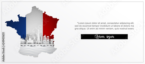 Tour and travel advertising template with travel to Paris, France with famous landmarks in paper cut style vector illustration 