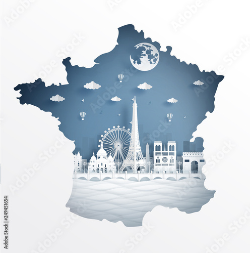 Paris map concept with famous landmark for travel postcard and poster, brochure, advertising in paper cut style vector illustration.