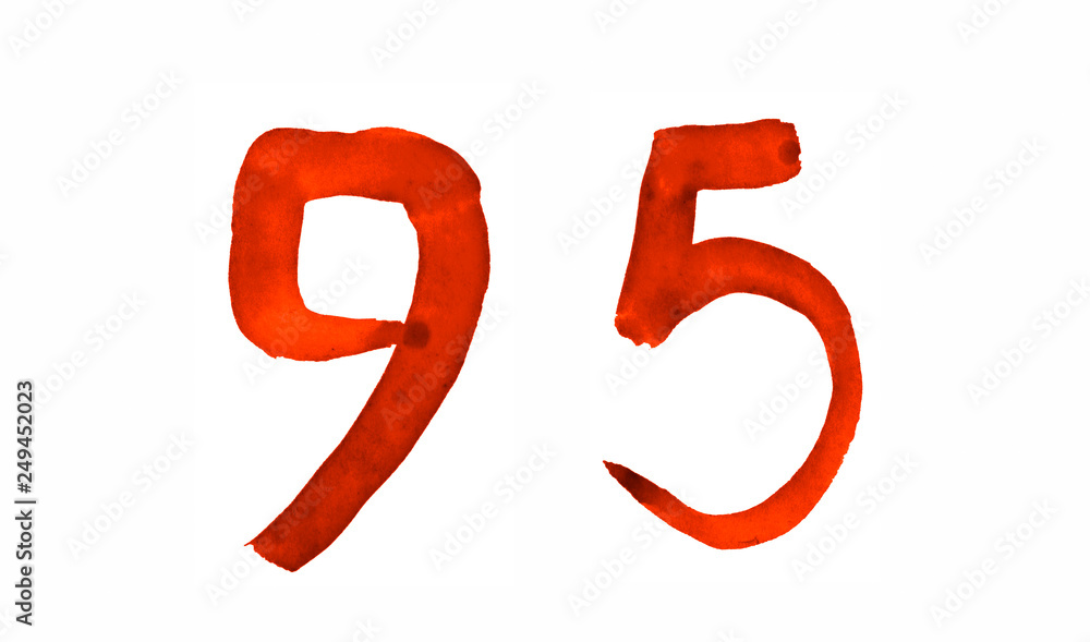 Fototapeta premium The number 95, painted with a brush in watercolor. Vintage symbol made by hand.