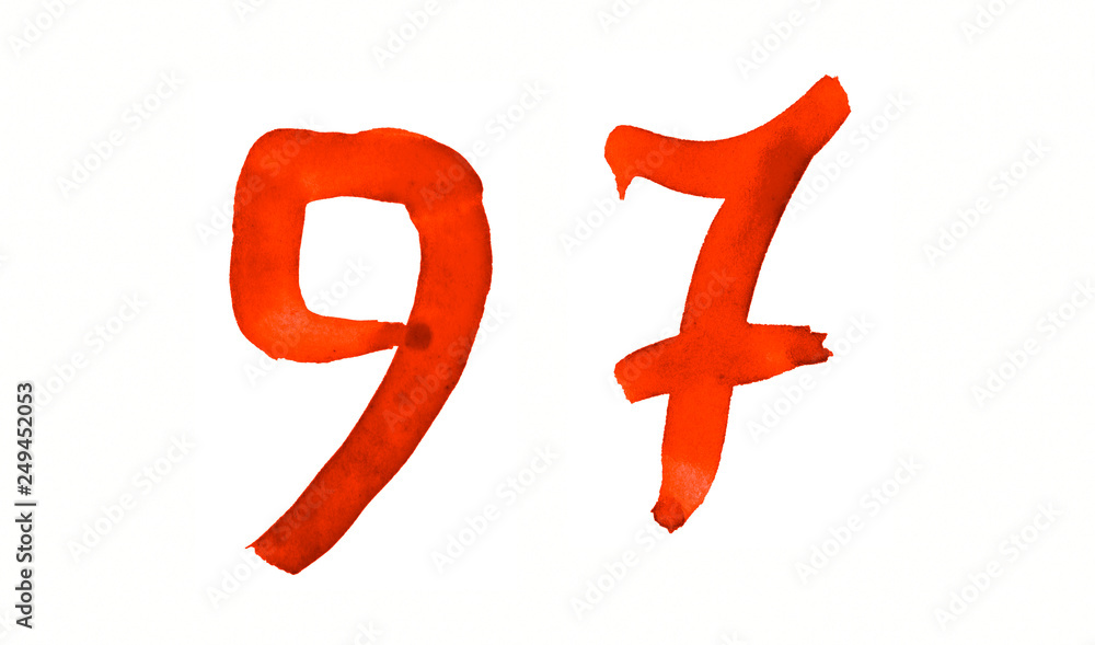 The number 97, painted with a brush in watercolor. Vintage symbol made by hand. The number 97, painted with a brush in watercolor. Vintage symbol made by hand.