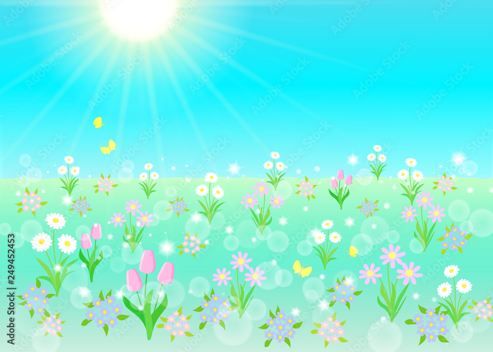 ピンク色の花咲き誇るキラキラ春の草原 Stock イラスト Adobe Stock ピンク色の花咲き誇るキラキラ春の草原 Stock イラスト Adobe Stock