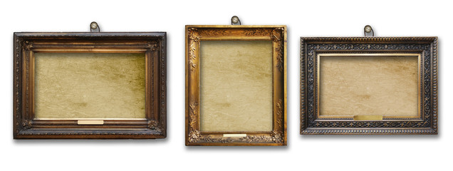 Set of three vintage golden baroque wooden frames on  isolated background