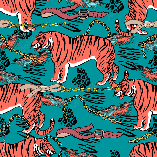 Asian wild animals amur tiger. Trendy animalistic endless pattern. Exotic animals. Tropical elements, stripes, dots, belts, chains .  Cute background for textile, wallpaper, pattern fills, covers.