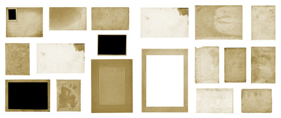 Set of old vintage dirty photo postcards and album sheets on  isolated background