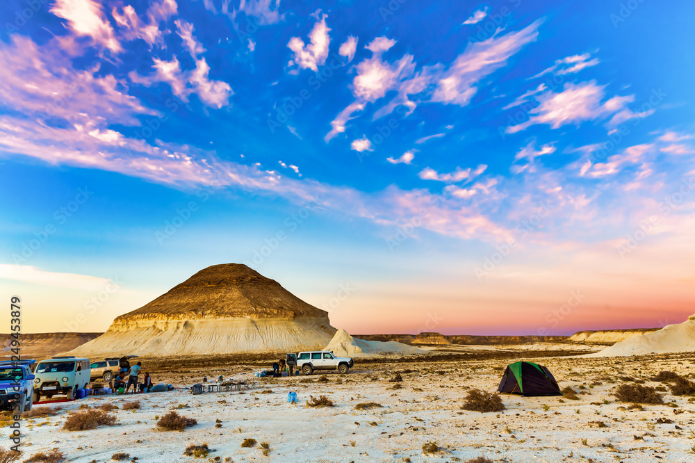 A stunning sunset view of the Giant Stone Yurt, Bozzhira, Mangystau, Kazakhstan