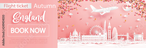Flight and ticket advertising template with travel to London, England in autumn season deal with falling maple leaves and famous landmarks in paper cut style vector illustration