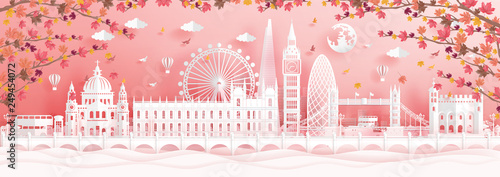 Autumn in London, England with falling maple leaves and world famous landmarks in paper cut style vector illustration