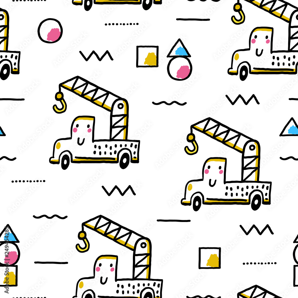 Cute seamless pattern with toy crane and geometric shapes. Creative vector childish background for fabric, textile, nursery wallpaper.