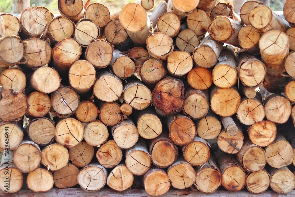 dry chopped firewood logs and stacked up on top of each other in a pile for background and design