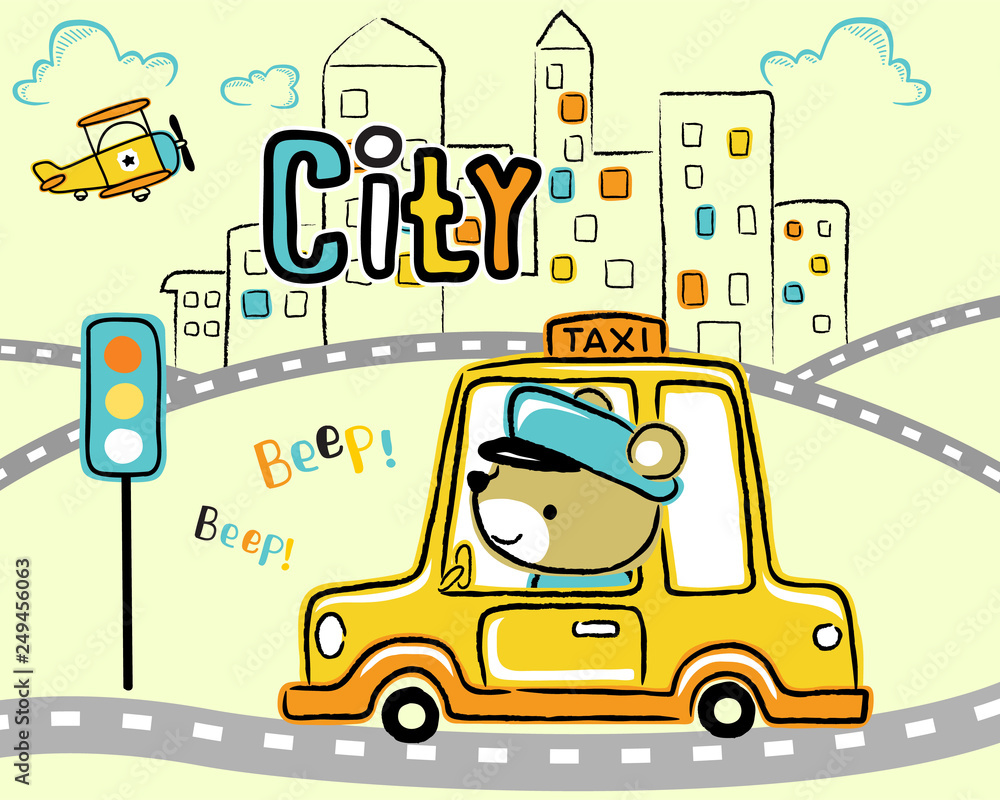 Naklejka premium yellow taxi cartoon in city road with small plane on building background