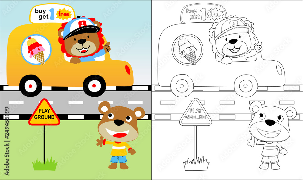 Fototapeta premium Vector cartoon of funny ice cream seller with car, coloring book or page