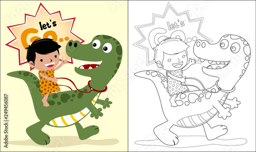 Vector cartoon of ancient human riding on dinosaur  coloring book or page