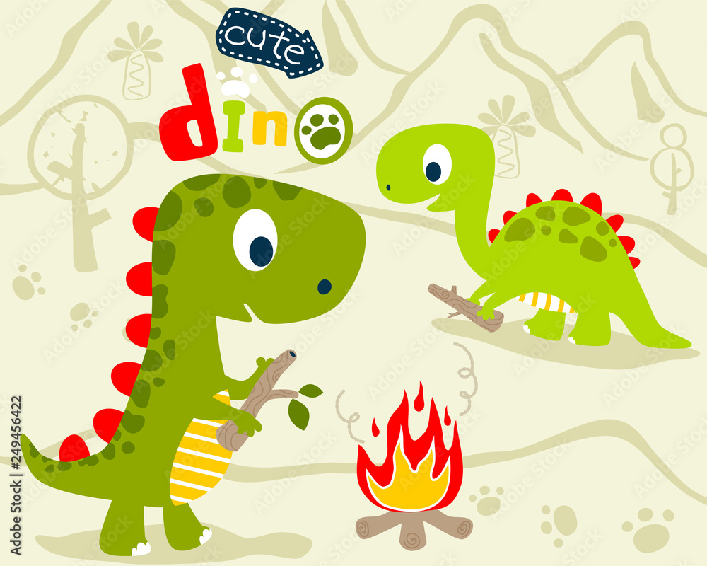 Fototapeta premium cute dino cartoon making bonfire