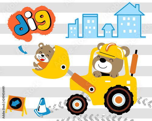 funny animals cartoon on construction vehicle on striped background