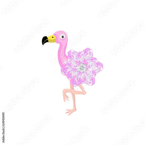 Pink flamingo with diamond gem crystal body cute vector flat game icon isolated on white background