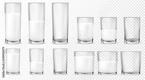 Realistic transparent glasses for milk, full and empty glass.