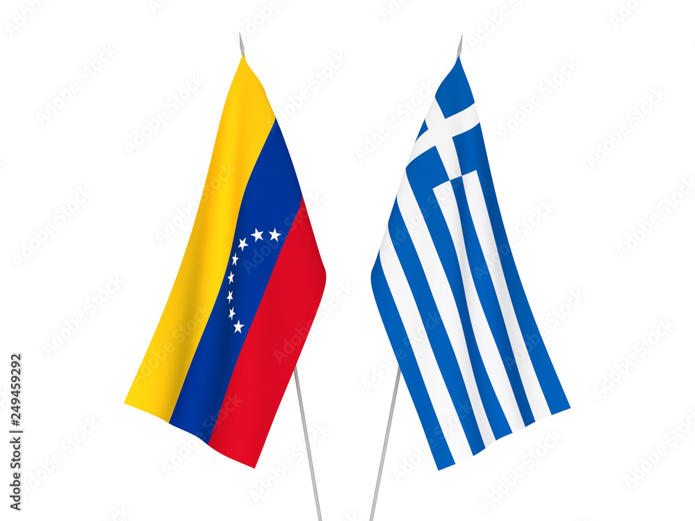 National fabric flags of Greece and Venezuela isolated on white background. 3d rendering illustration.