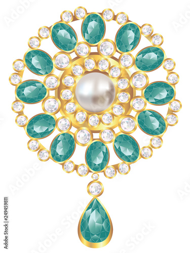 Brooch with pearl and emerald