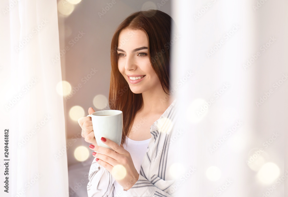 Morning of beautiful young woman drinking coffee at home Morning of beautiful young woman drinking coffee at home