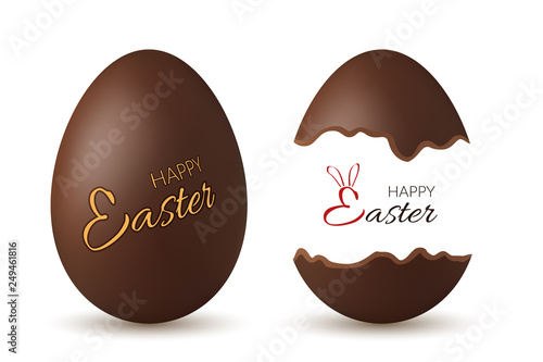 Easter egg 3d. Chocolate brown whole, broken eggs set. Isolated white background. Traditional sweet candy, decoration text Happy Easter celebration. Design element spring holiday. Vector illustration