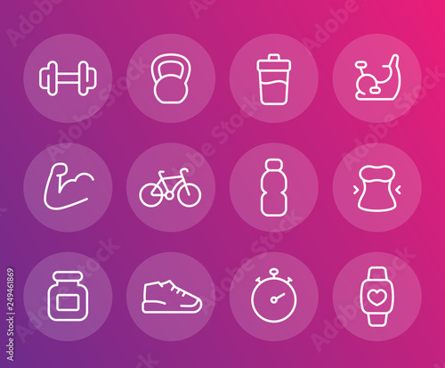 Fitness, training vector icons, linear set
