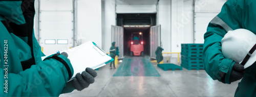 Fotografi Staff worker with clipboard checking goods and Safety Officer for dangerous in Cold room storage and freezing warehouse